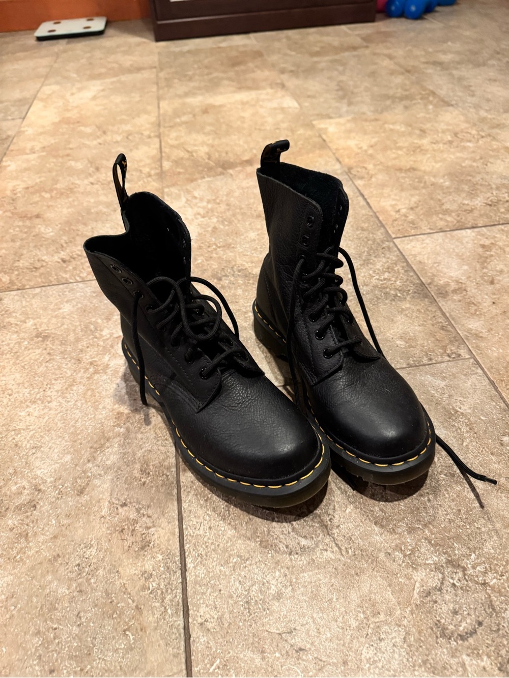 Dr. Martens Black Leather Combat Boots with Yellow Stitching